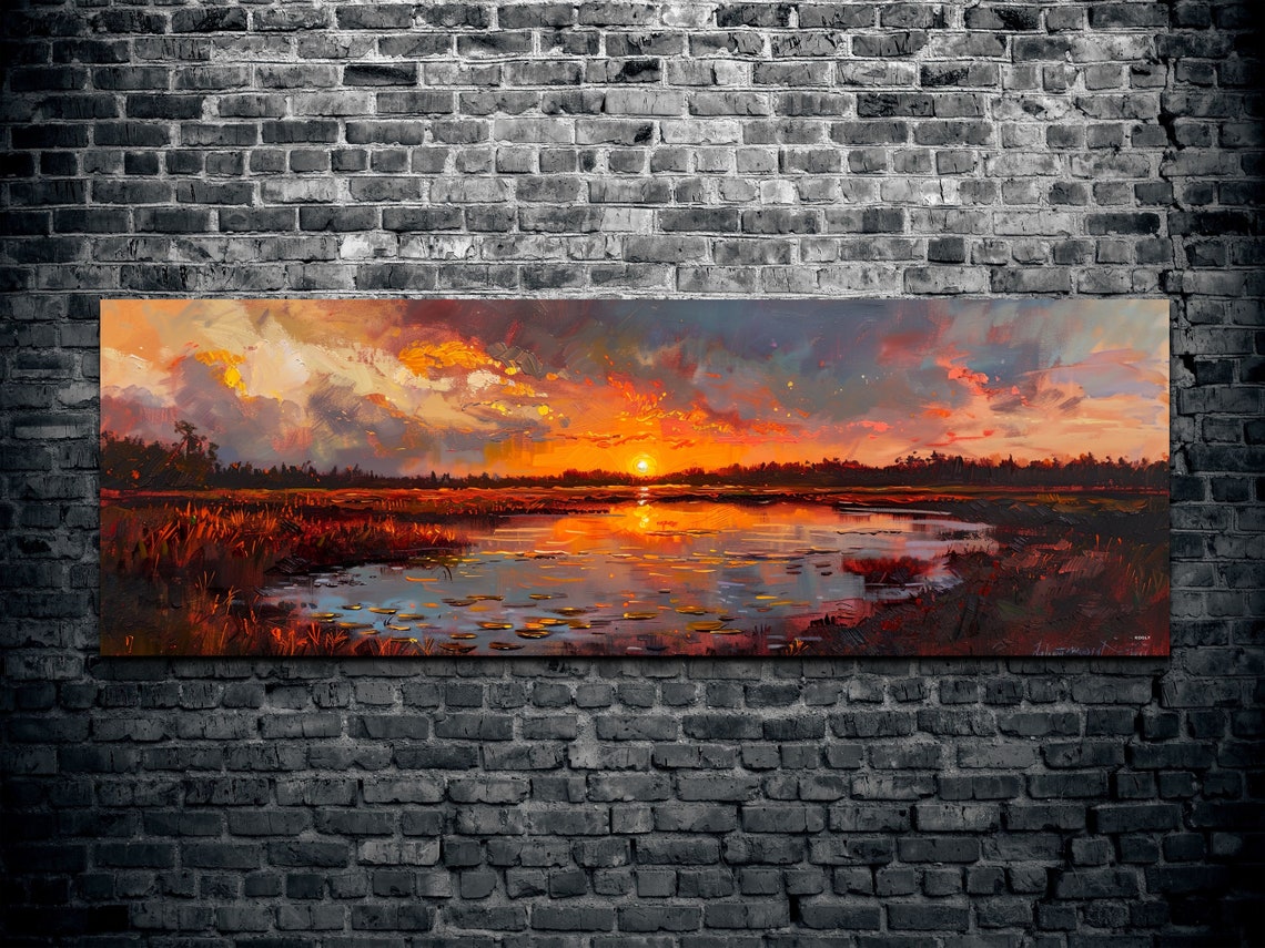 Dramatic Fiery Orange Sunset Over a Wetland with Lily Pads Poster - Image 2