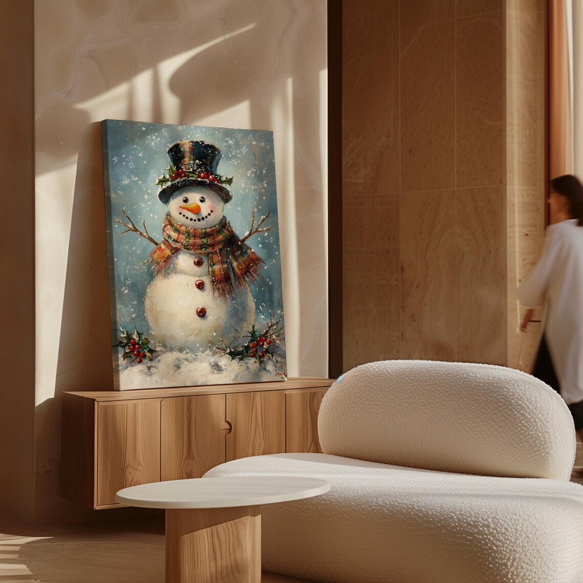 Cheerful Snowman With Top Hat Holly and Scarf Christmas Art Print - Image 7