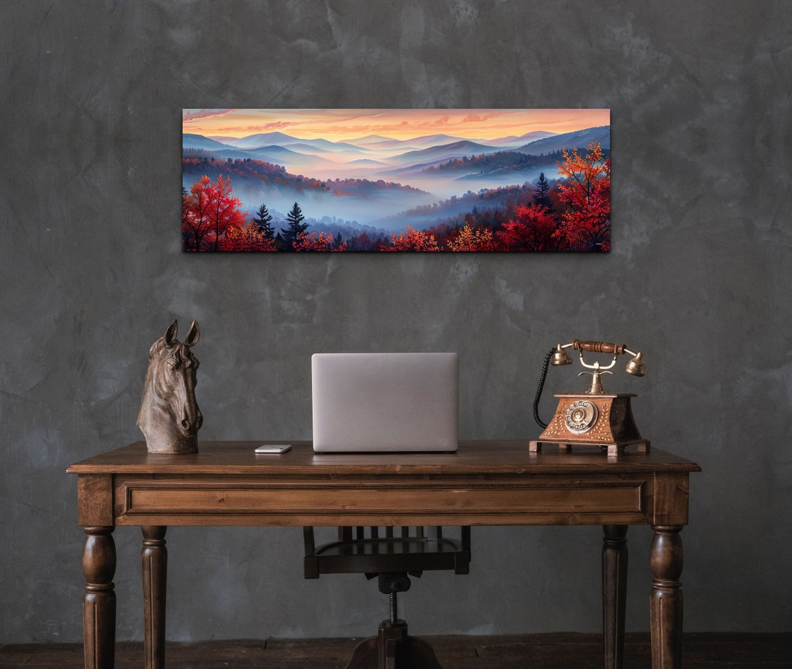 Foggy Mountain Valley Misty Fall Foliage Panoramic Landscape Wall Art - Image 4