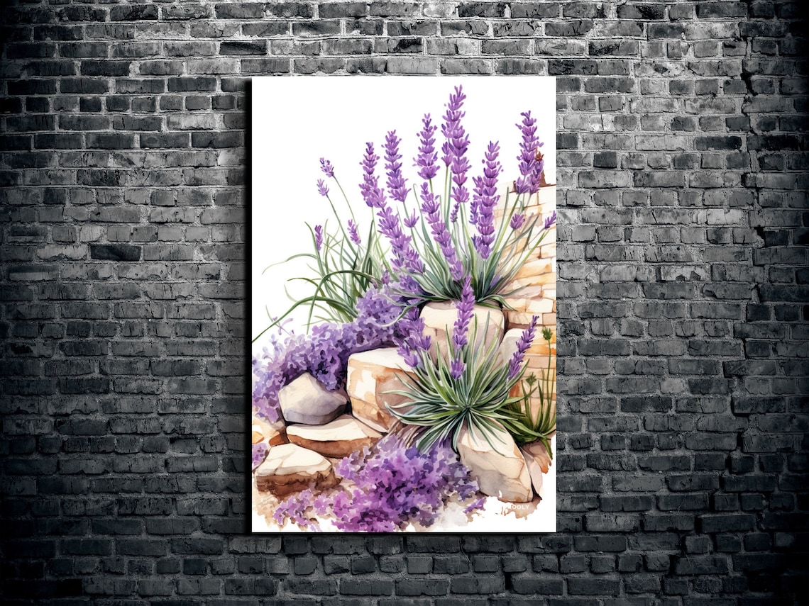 Lavender Flowers Stone Wall Watercolor Purple Botanical Art Poster
