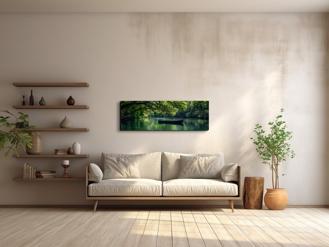 Lone Wooden Canoe On Calm Green River Under Overhanging Trees Poster - Image 5