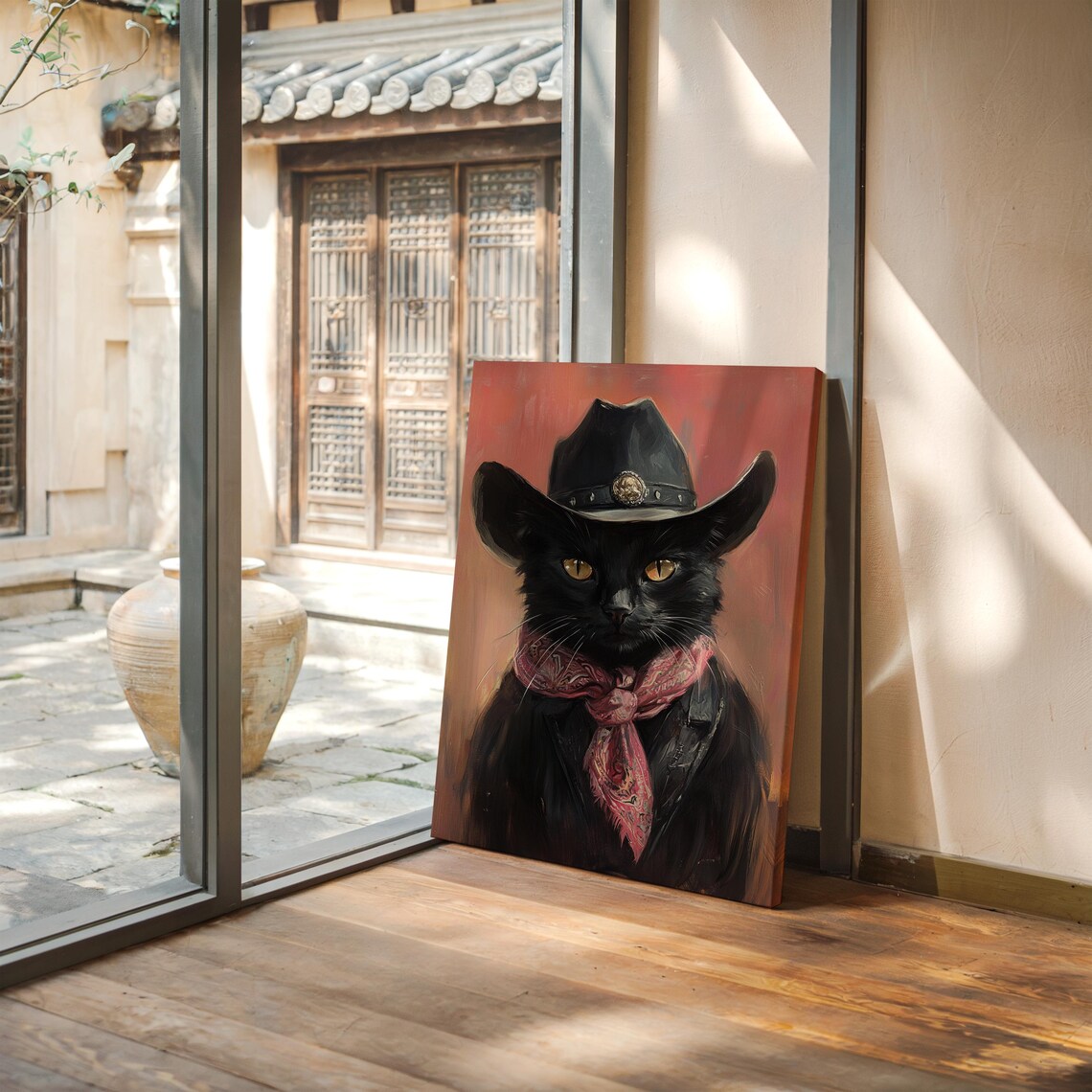 Cowboy Cat Wall Art, Rustic Vintage Feline Portrait - Image 4
