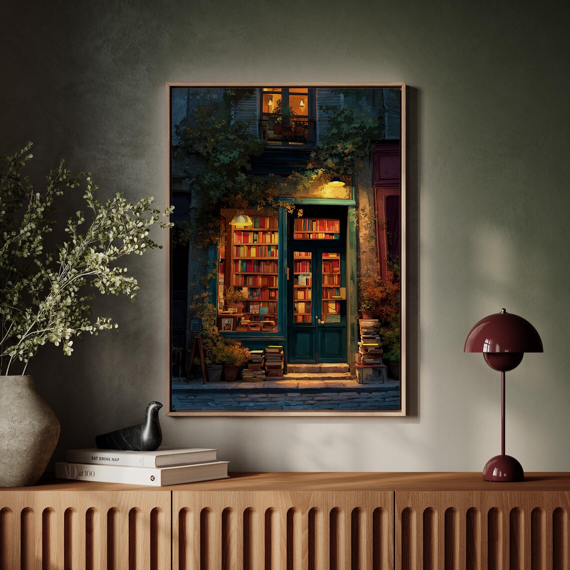 Cozy Bookstore Night Warm Literary Books Vintage Shop Art Poster