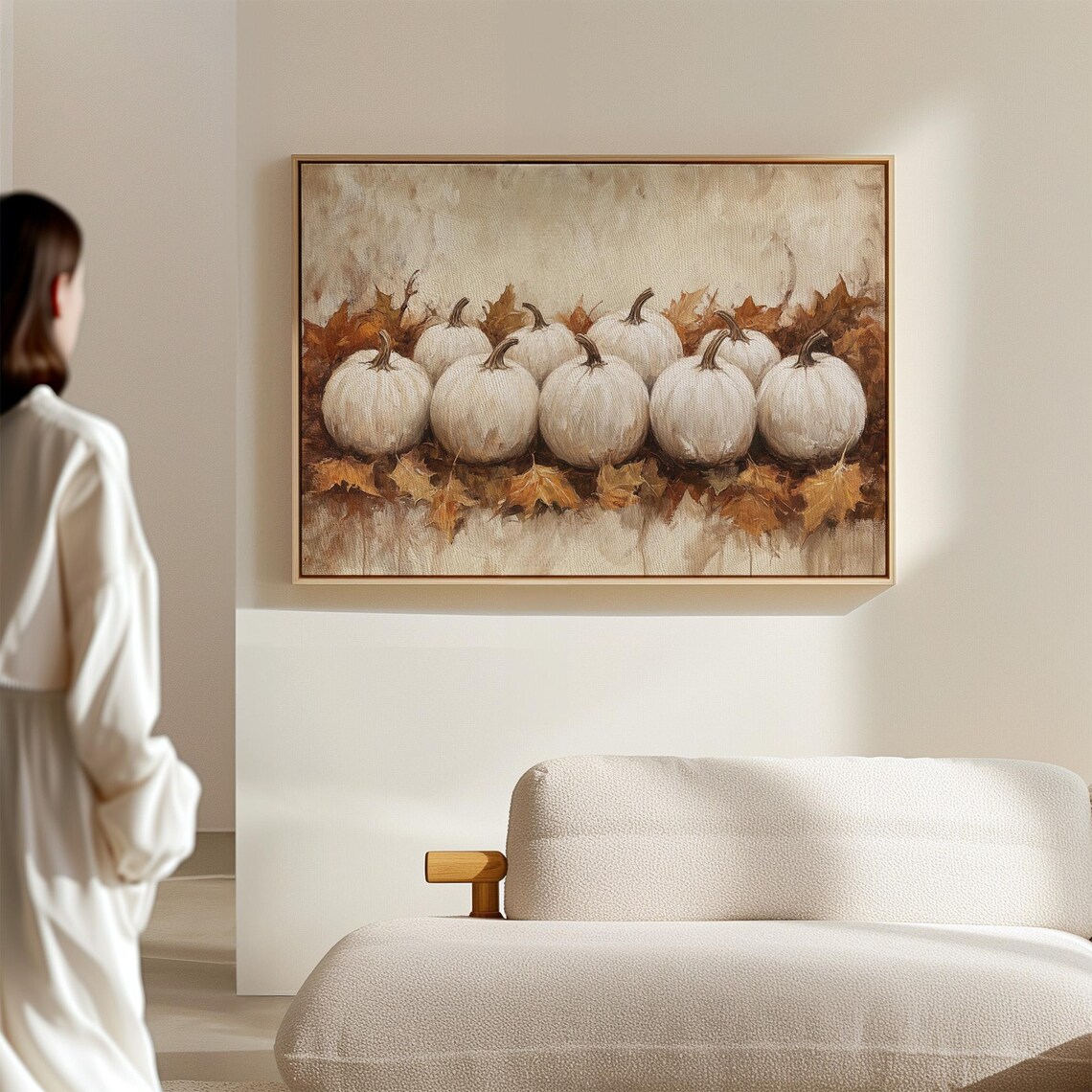 White Pumpkins Among Autumn Leaves Warm Farmhouse Fall Still Life Poster - Image 5