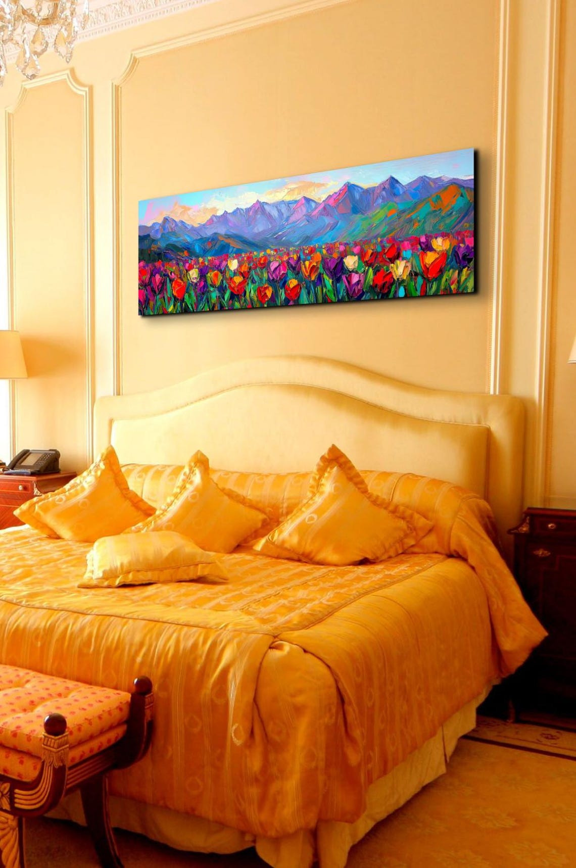 Colorful Tulip Field Mountain Sunset Panoramic Impasto Art Poster - Image 7