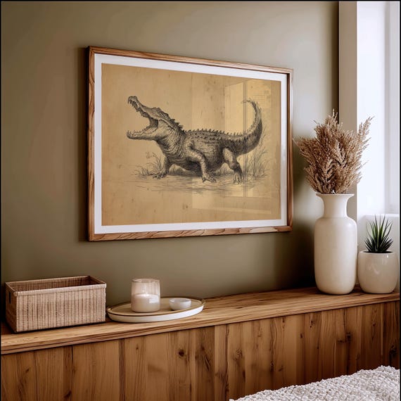 Vintage Crocodile Illustration On Aged Paper