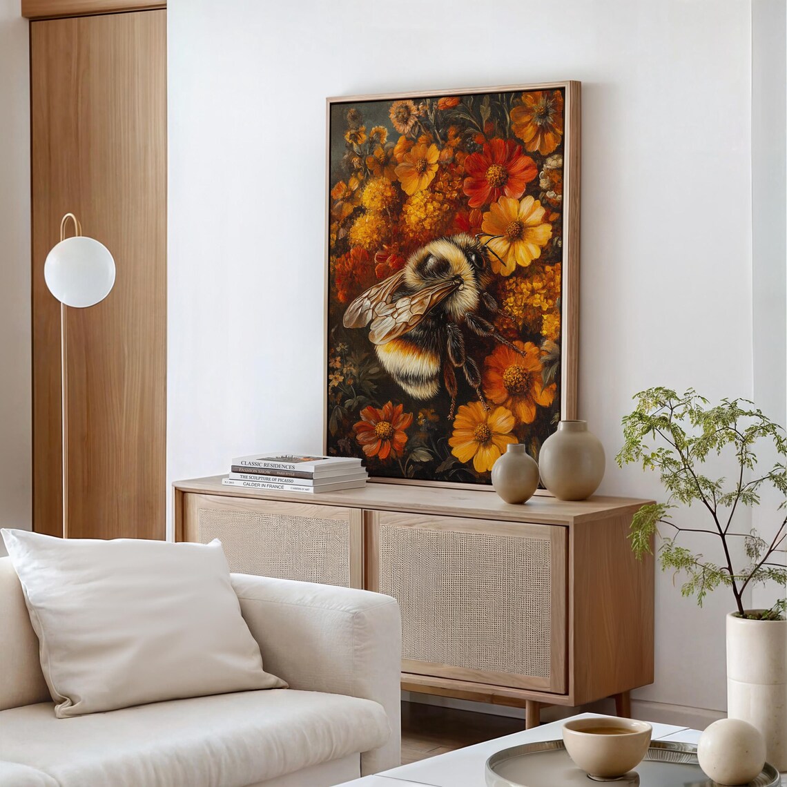 Detailed Bumblebee Resting on Autumn Orange and Red Flowers Poster - Image 4
