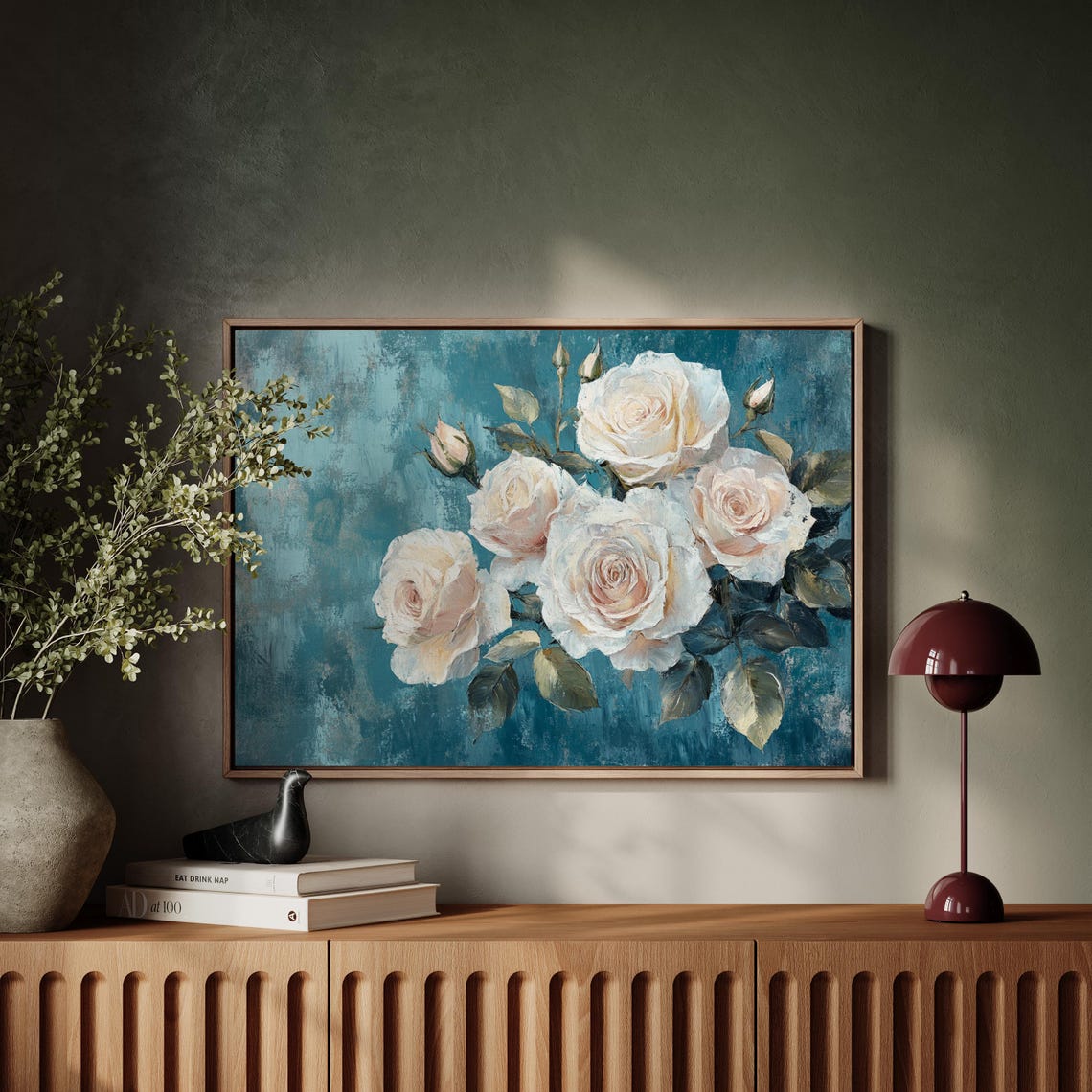 Elegant Cream Roses Teal Blue Vintage Floral Bouquet Wall Art