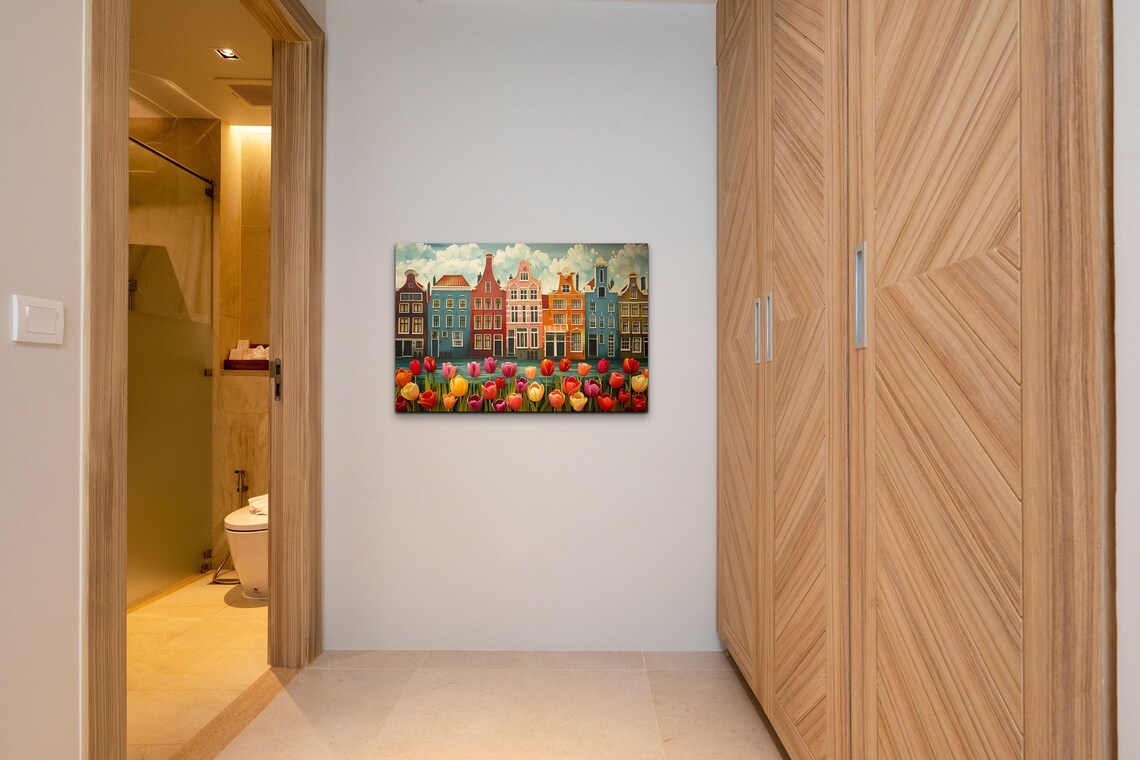Amsterdam Canal Houses with Colorful Tulips Flower Painting Wall Art - Image 3