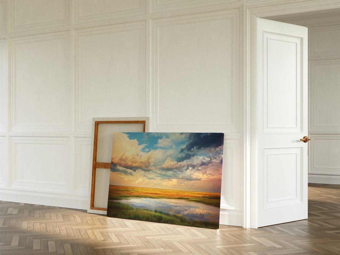 Serene Golden Field Art Tranquil Landscape With Reflective Pond Stunning Sky Nature Wall Decor For Home Or Office - Image 3