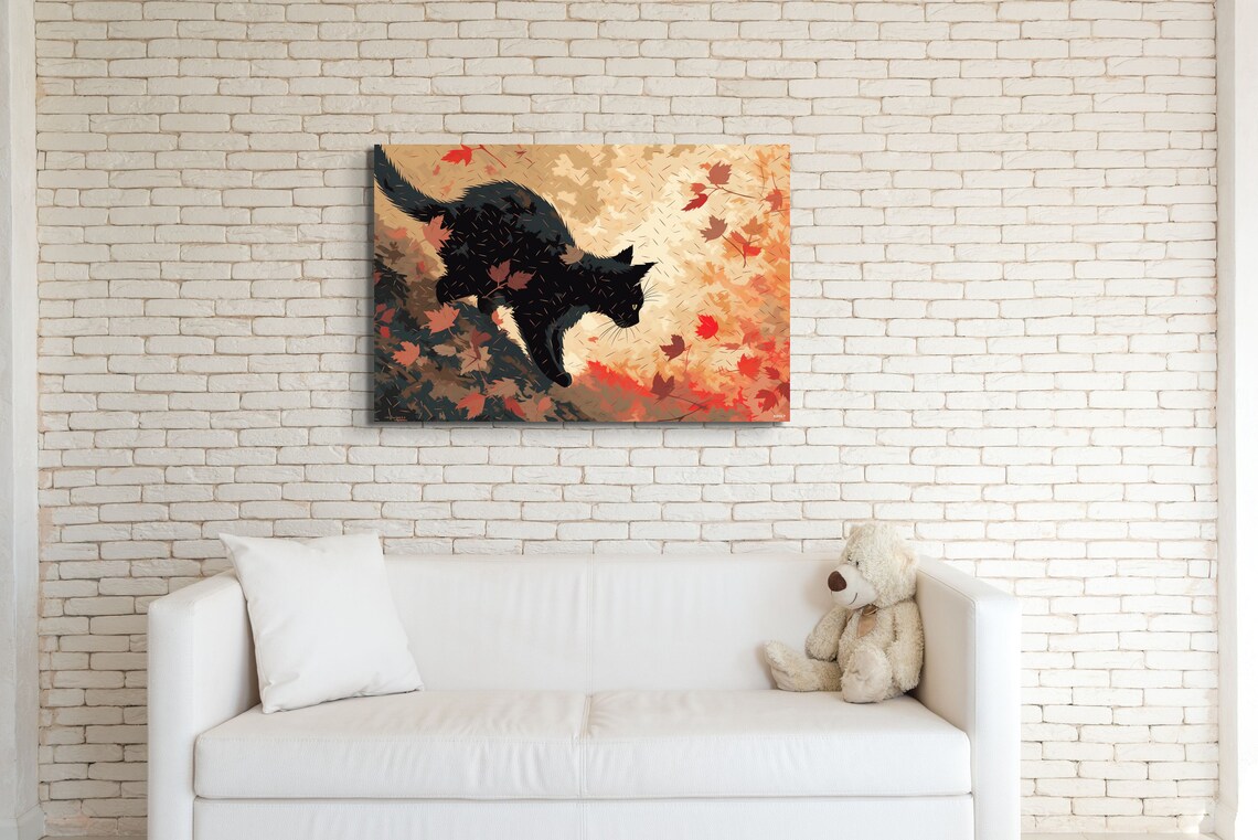 Black Cat Autumn Leaves Falling Illustration Fall Art Poster - Image 5