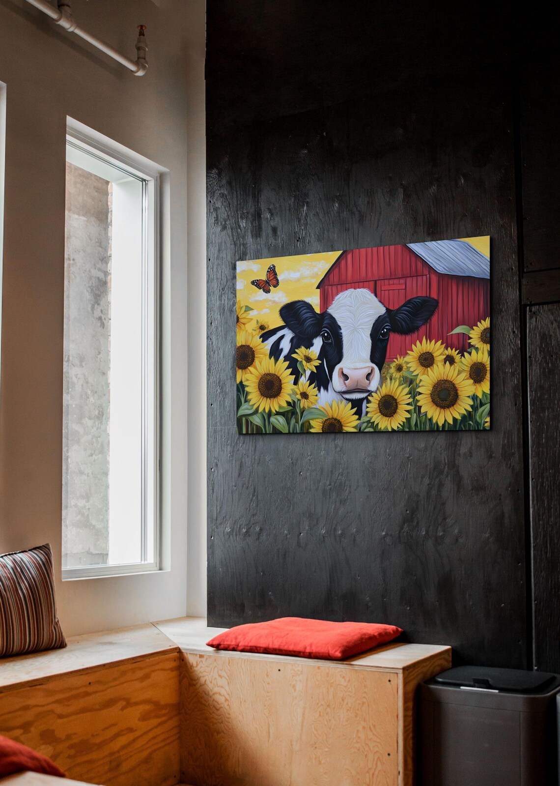 Black and White Cow Among Sunflowers Red Barn Country Poster - Image 3