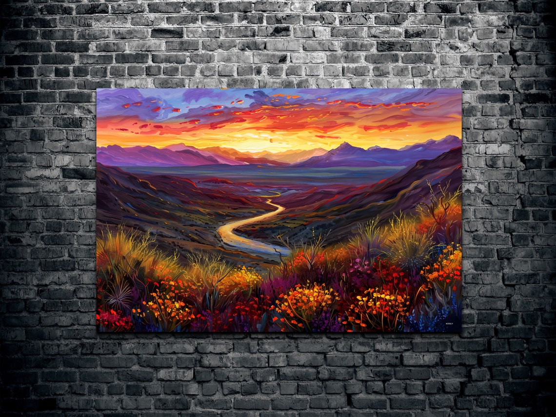Fiery Sunset Over a River Valley With Wildflower Foreground Poster - Image 2