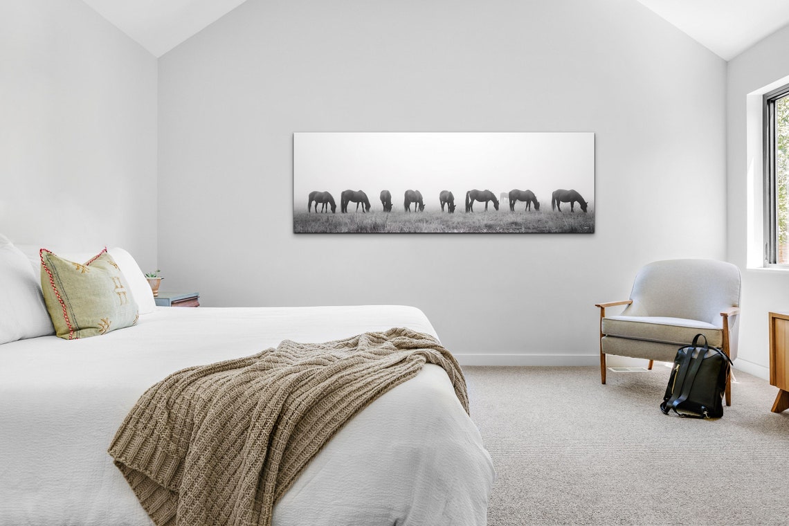 Black And White Horses Grazing In Mist Panoramic Wild Herd Poster - Image 4