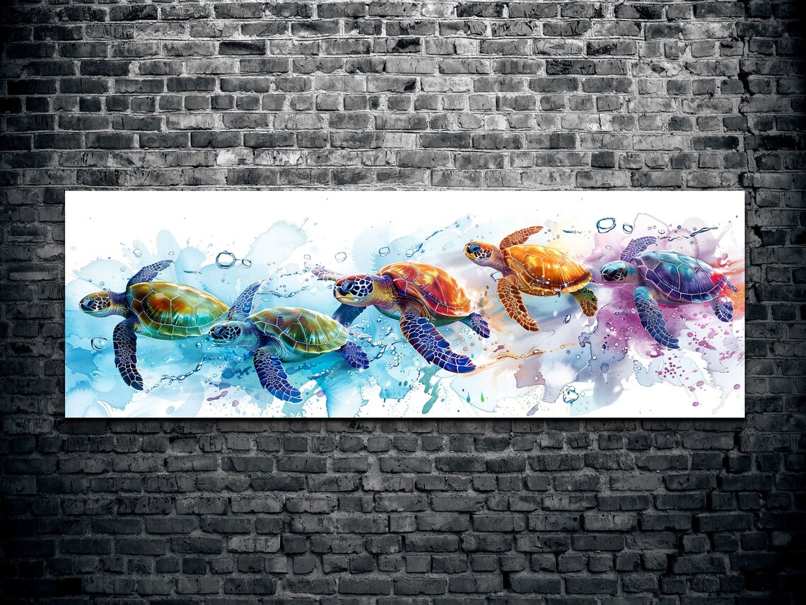 Sea Turtles Wall Art Design, Panoramic Ocean Art - Image 2
