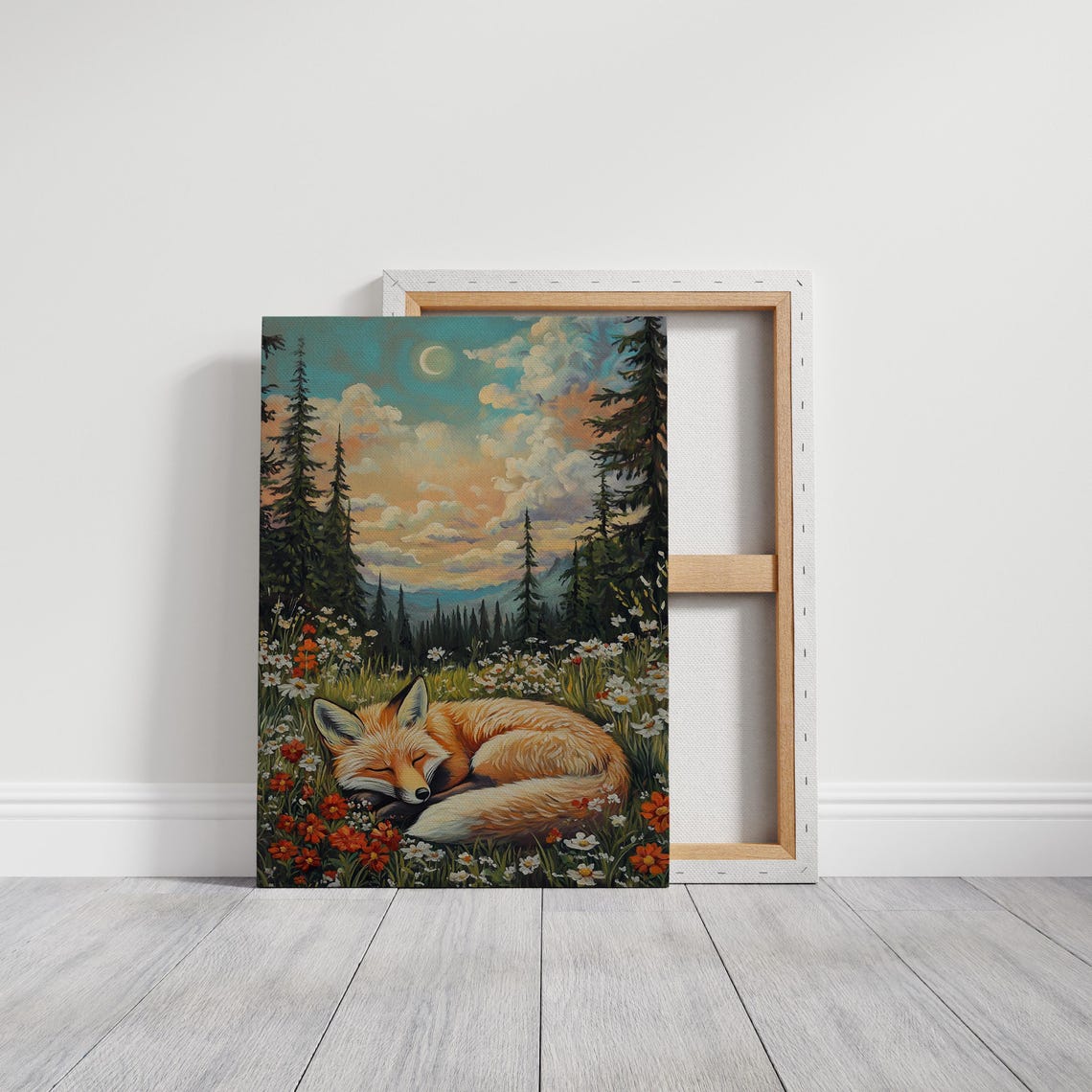 Sleeping Fox In Wildflower Meadow Pine Forest Moonlight Poster - Image 3