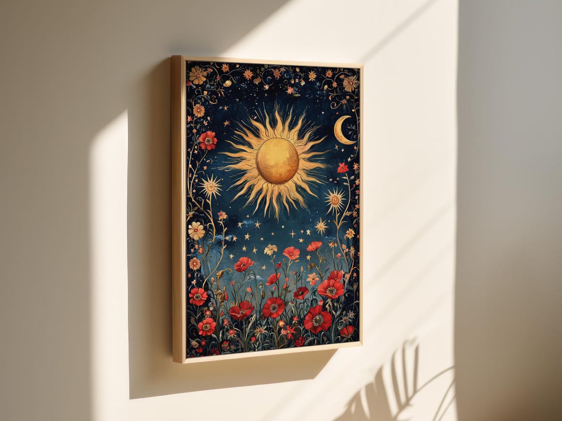 Celestial Sun And Moon With Red Florals On Starry Night Poster - Image 4