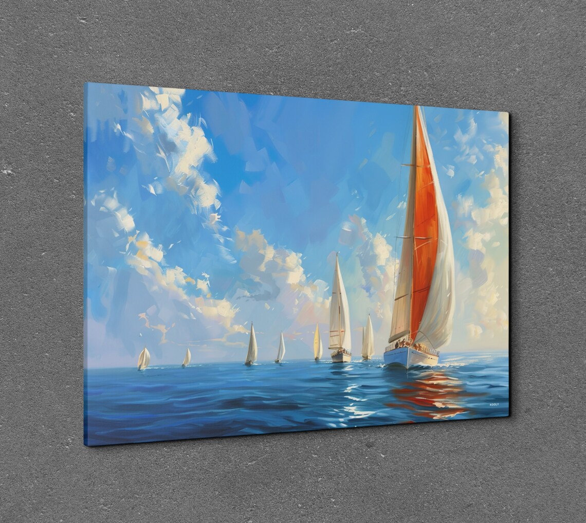 Sailboats With Orange Sails Blue Ocean Impressionist Art Poster - Image 3