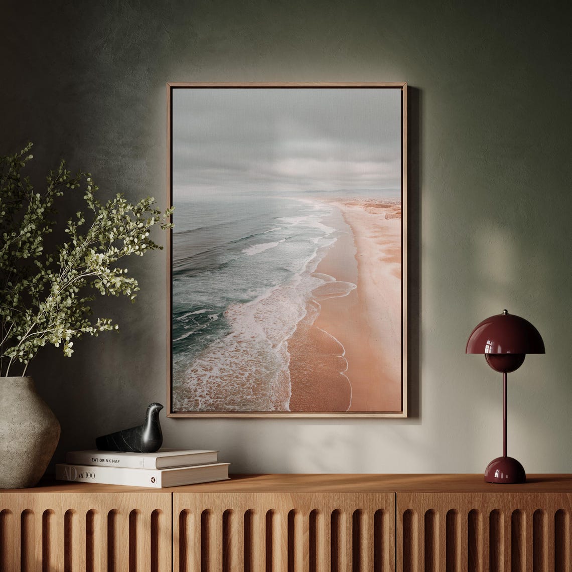 Aerial Ocean Waves Washing Over Sandy Shore Calm Coastal Art Poster