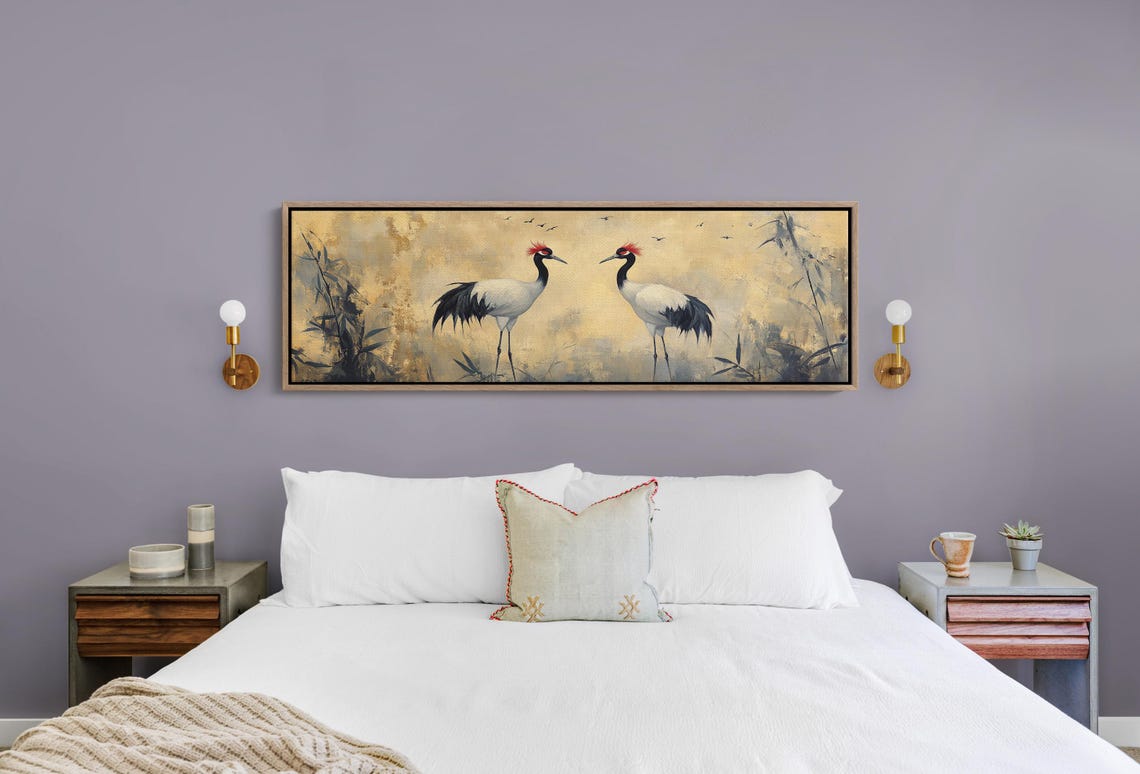 Mirrored Pair Red Crowned Cranes Misty Gold Asian Bamboo Art Poster - Image 4