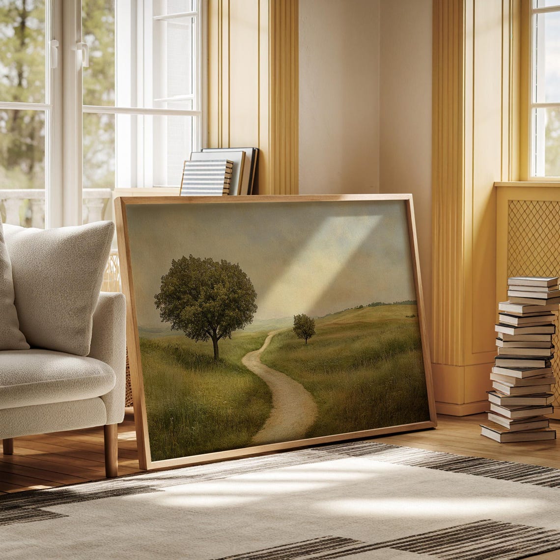 Rolling Green Hills Winding Path Vintage Countryside Painting Print - Image 2
