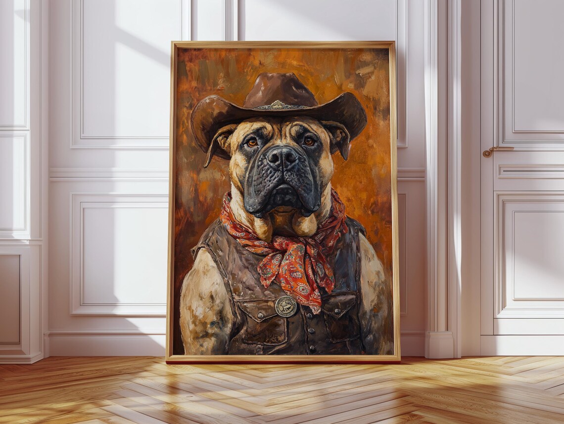Mastiff Cowboy Sheriff Dog Portrait Rustic Western Oil Poster