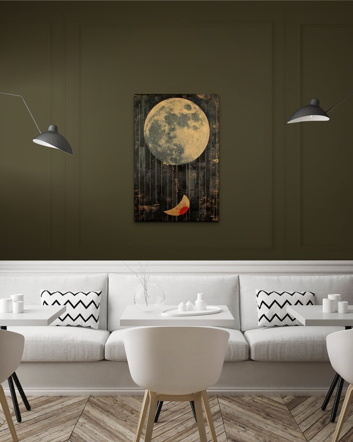 Golden Full Moon and Crescent Mid Century Modern Night Poster - Image 7