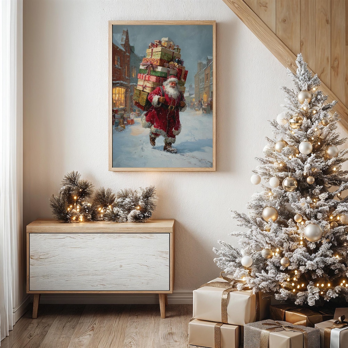 Santa Claus Carrying Stack of Gifts in Snowy Village Street Poster