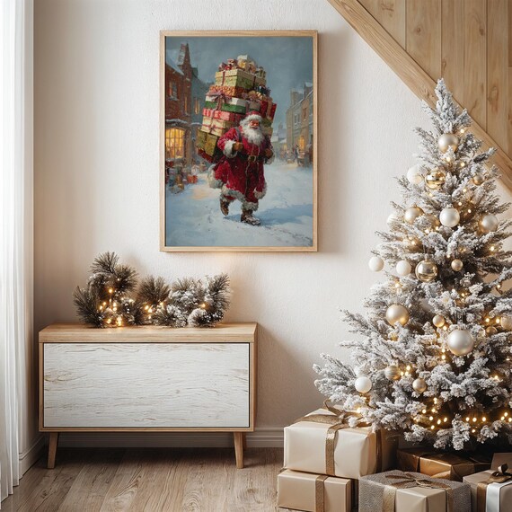 Santa Claus Carrying Stack of Gifts in Snowy Village Street Poster