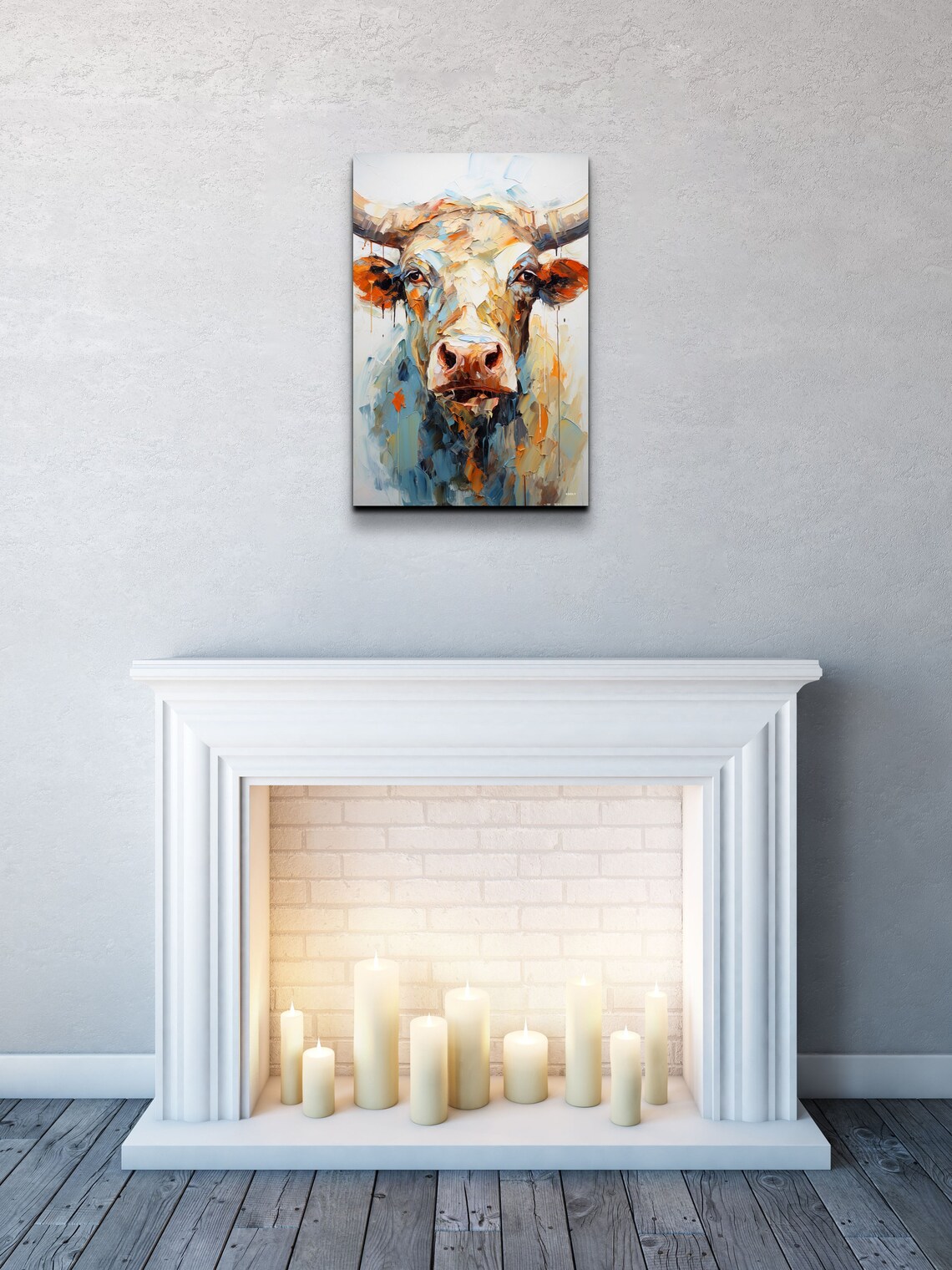 Longhorn Steer Portrait In Expressive Orange And Teal Oil Poster - Image 4