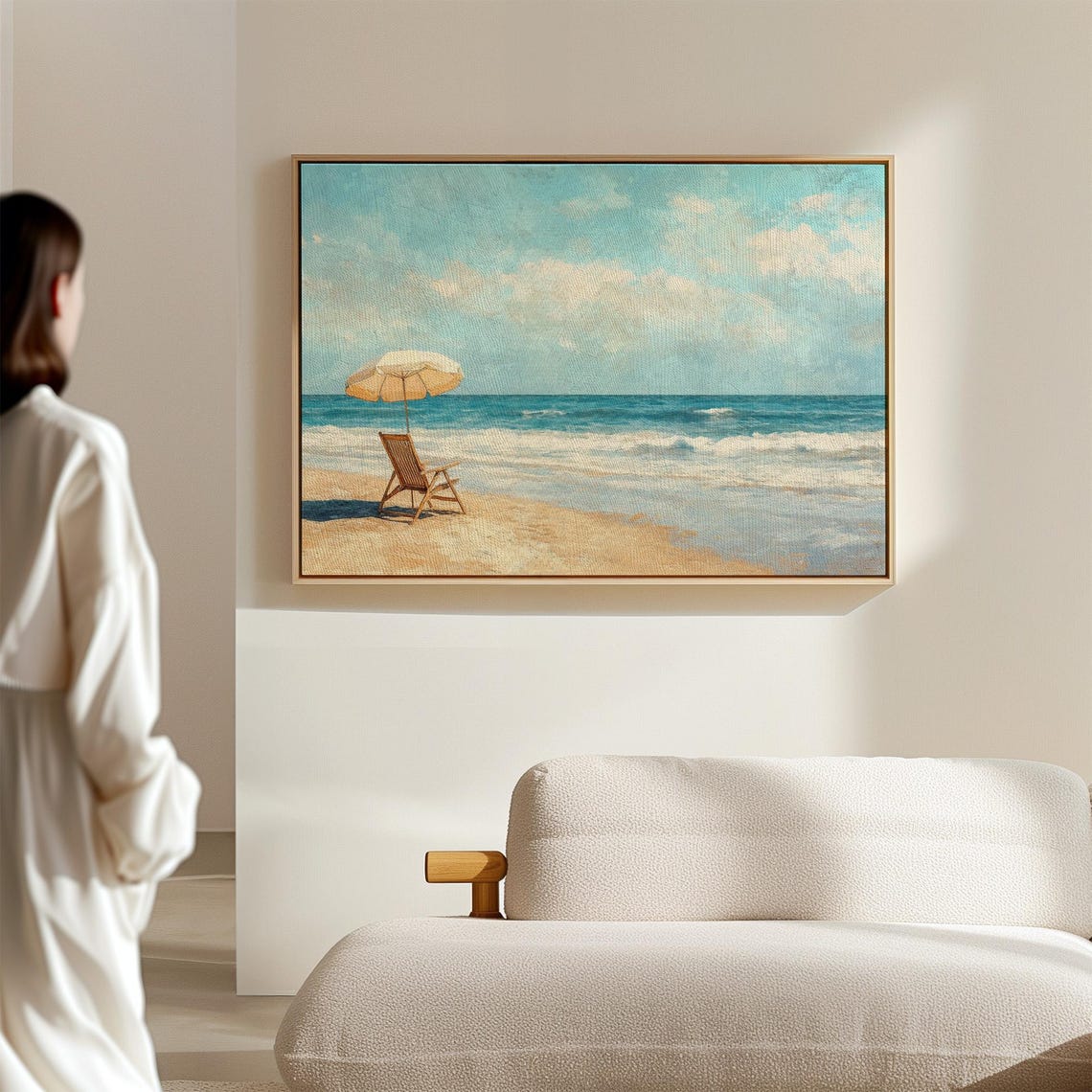 Sunlit Beach Umbrella and Wooden Chair Ocean Waves Painting Poster - Image 7