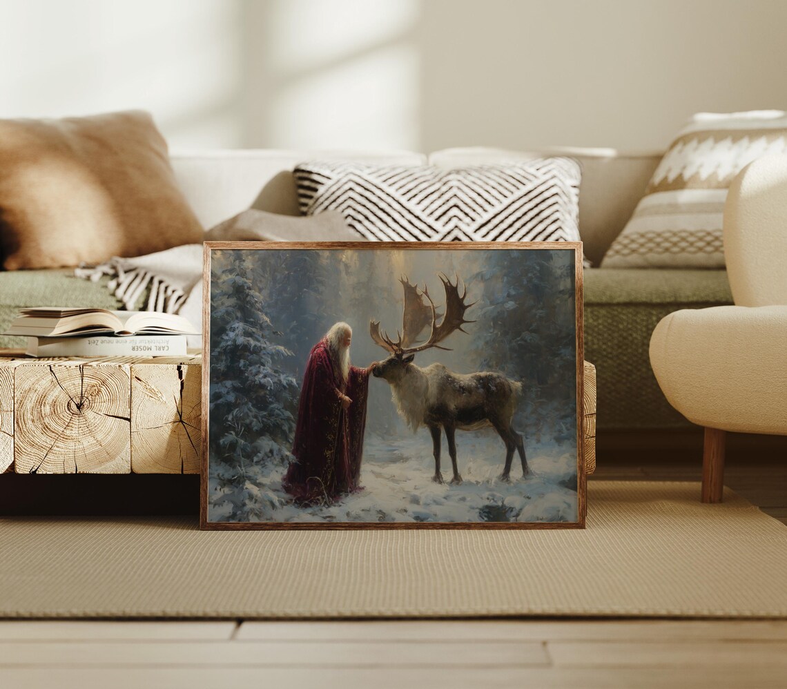 Santa With Reindeer In Snowy Winter Forest Fantasy Painting Poster