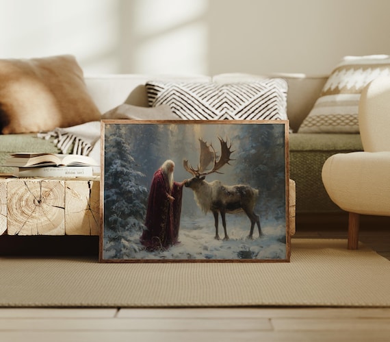Santa With Reindeer In Snowy Winter Forest Fantasy Painting Poster