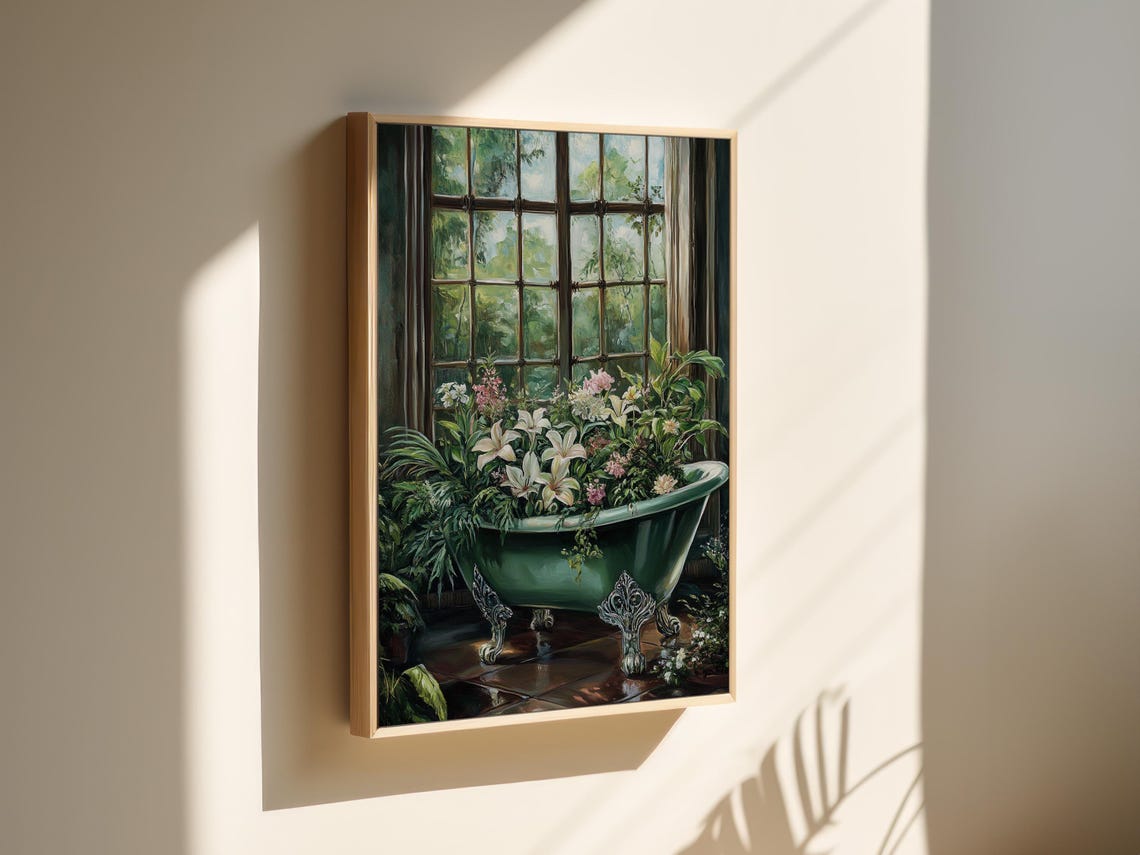 Green Clawfoot Bathtub Planter With Lilies Garden Window Wall Art