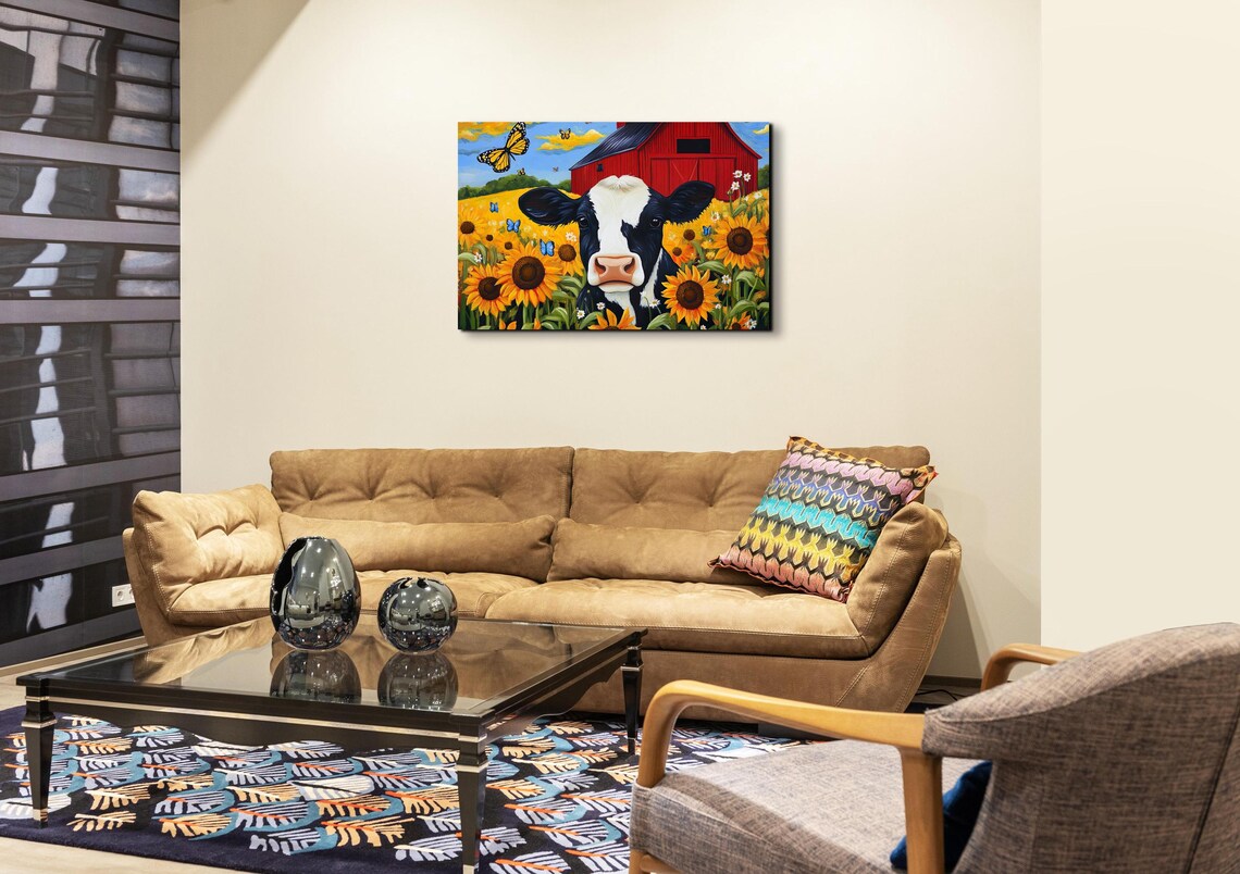 Happy Cow in Sunflower Field by Red Barn Monarch Butterfly Poster - Image 6