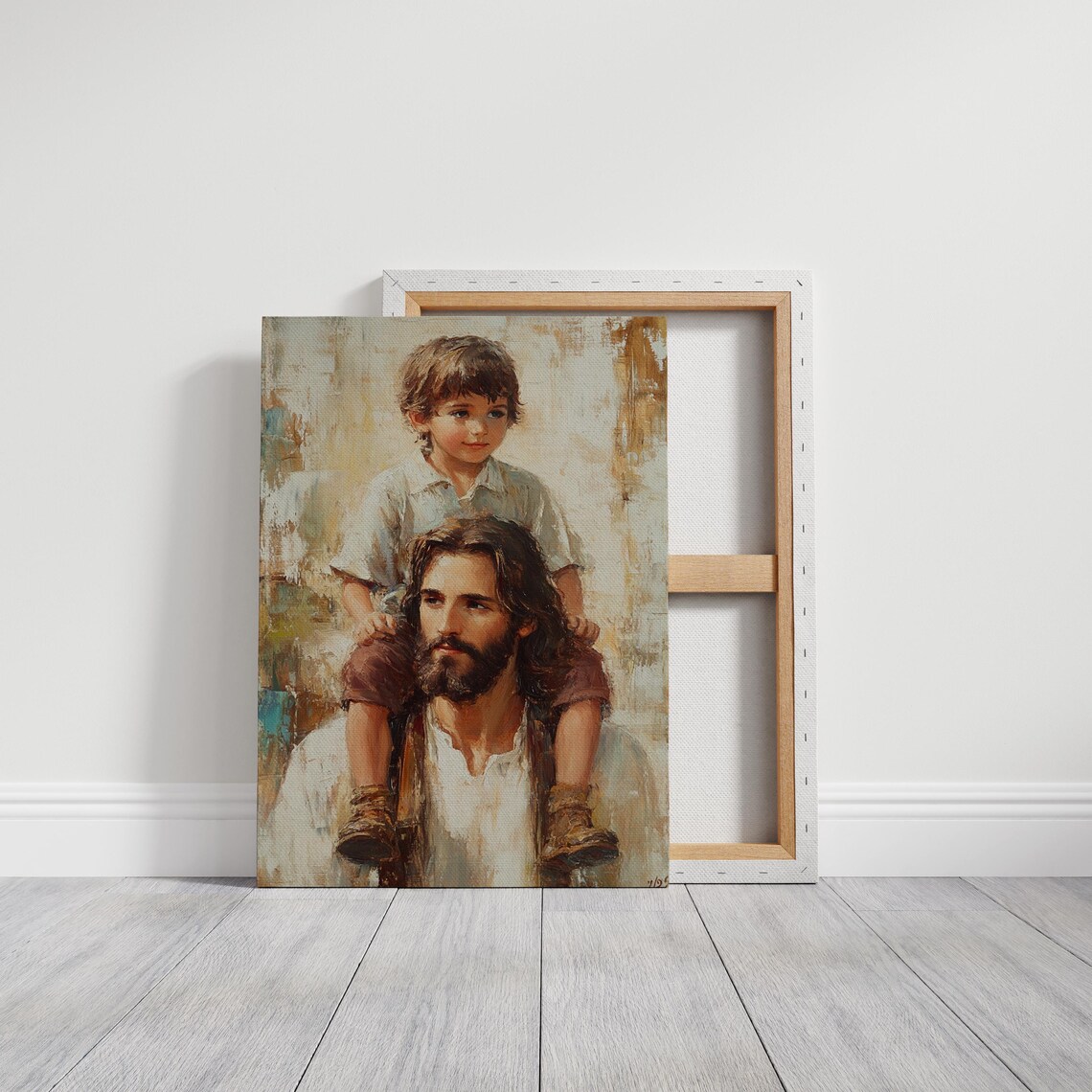 Boy Sitting on the Shoulders of Jesus in a Warm Portrait Poster - Image 6