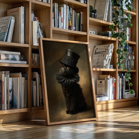 Black Kitten In Top Hat Victorian Gentleman Oil Painting Poster