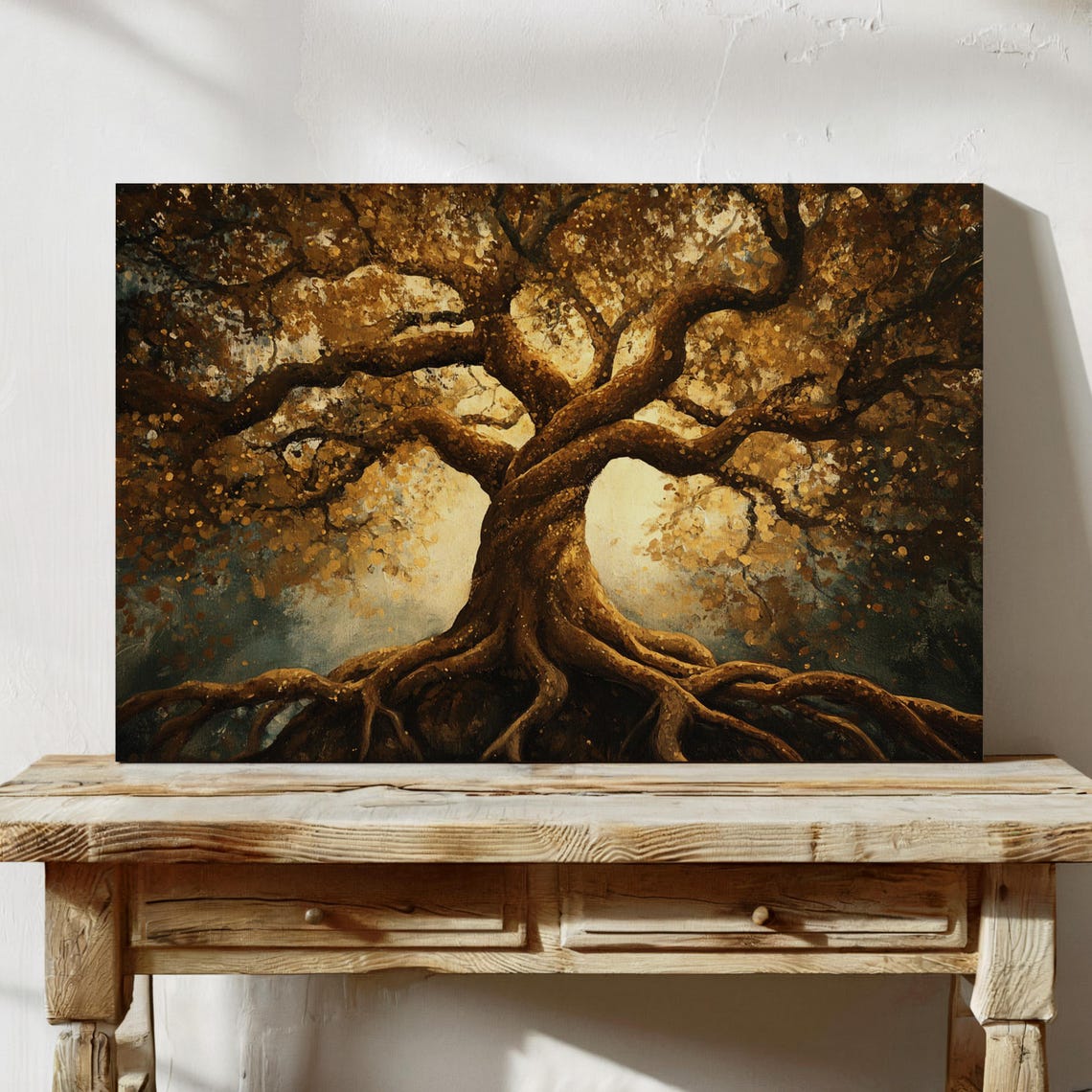 Twisted Golden Tree With Deep Roots And Shimmering Leaves Poster