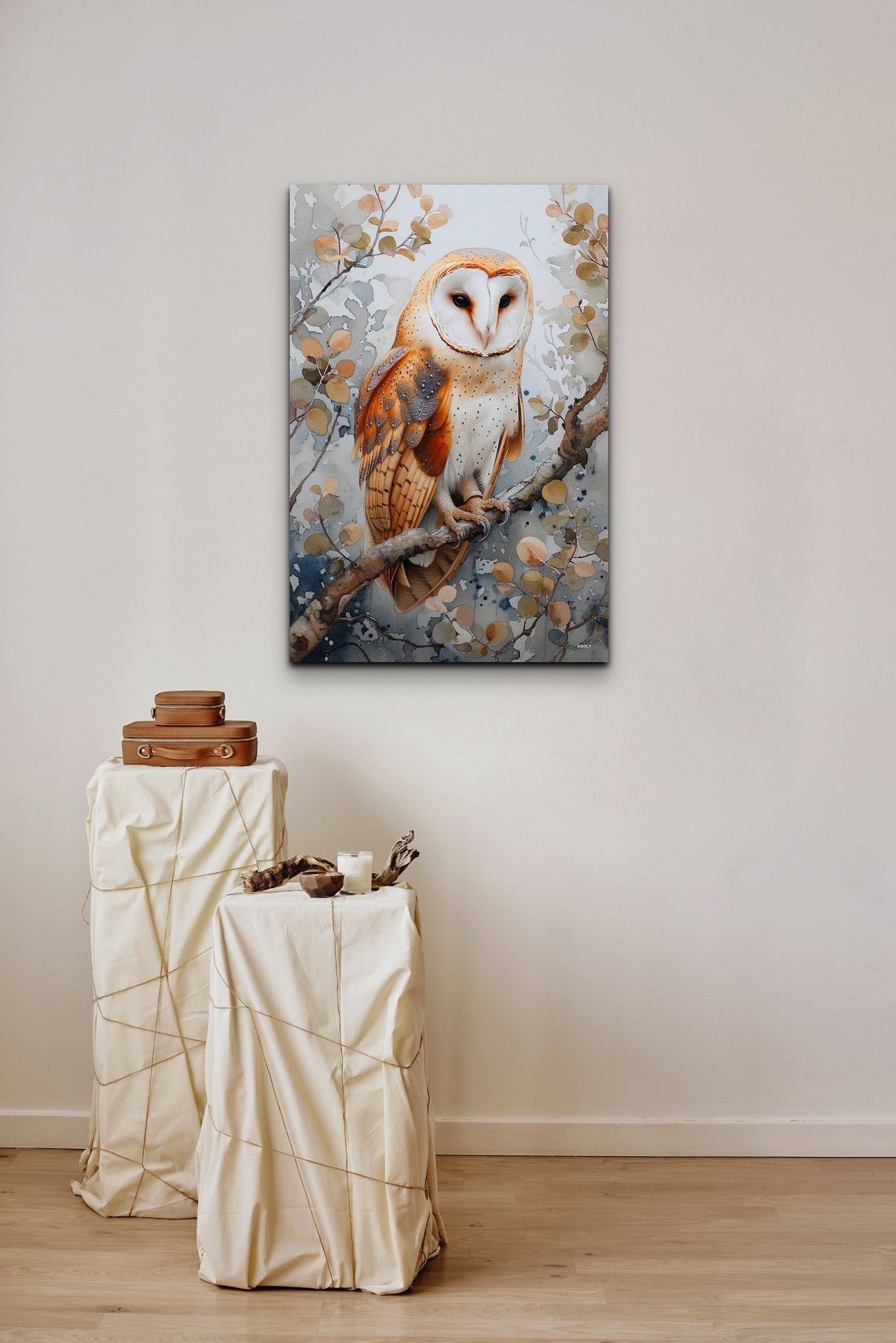 Barn Owl Front View Branch Watercolor Autumn Forest Bird Poster - Image 4