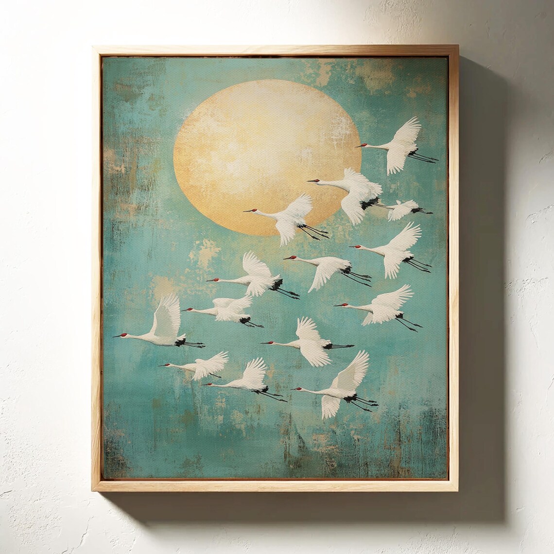 Flock of White Cranes Flying Across a Golden Sun Teal Sky Poster - Image 6