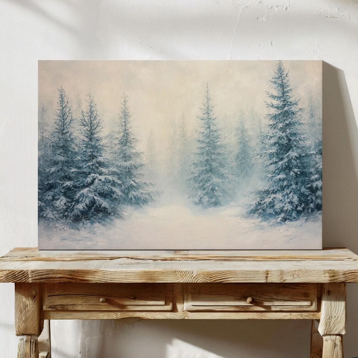 Snowy Blue Pine Forest Mist Frosty Winter Landscape Wall Art
