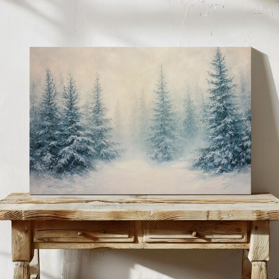 Snowy Blue Pine Forest Mist Frosty Winter Landscape Wall Art