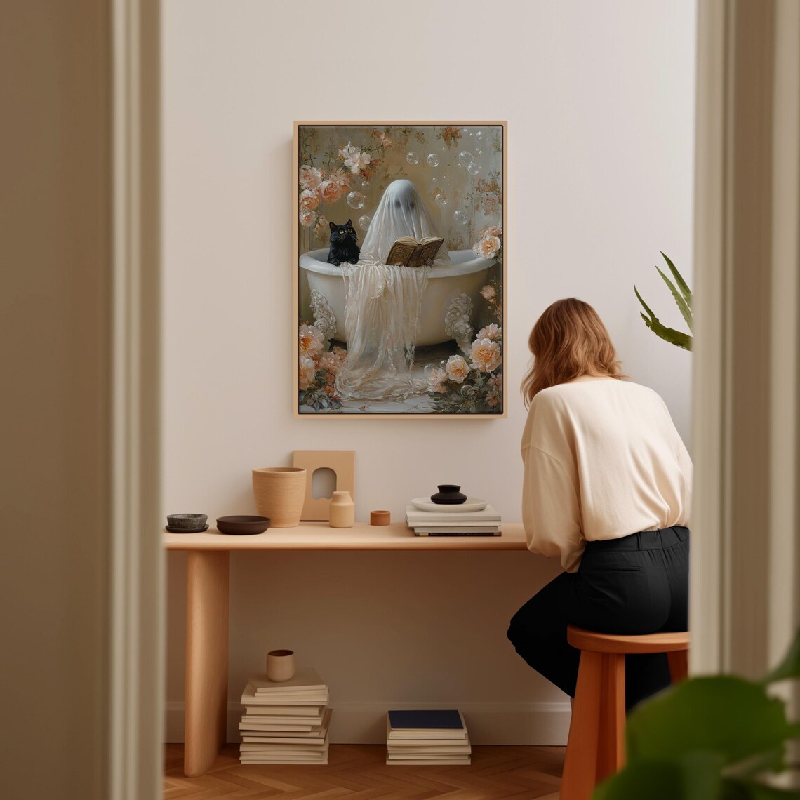 Ghost Reading in Bathtub, Whimsical Cat Bathroom Art Print - Image 3