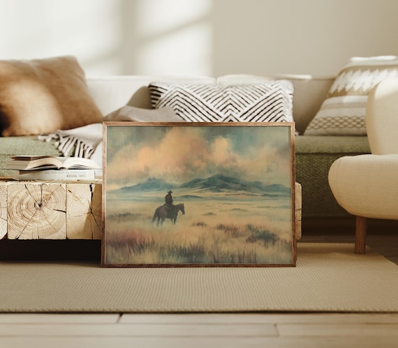 Lone Cowboy Riding Sunset Prairie Western Landscape Art Poster