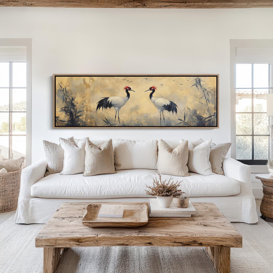 Mirrored Pair Red Crowned Cranes Misty Gold Asian Bamboo Art Poster - Image 6
