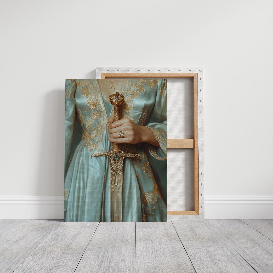 Warrior Queen in Ice Blue Gown Holding Ornate Golden Sword Poster - Image 4