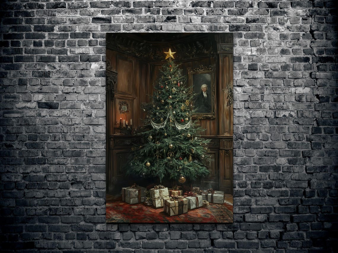 Moody Victorian Christmas Tree With Gold Star And Gifts Poster - Image 2