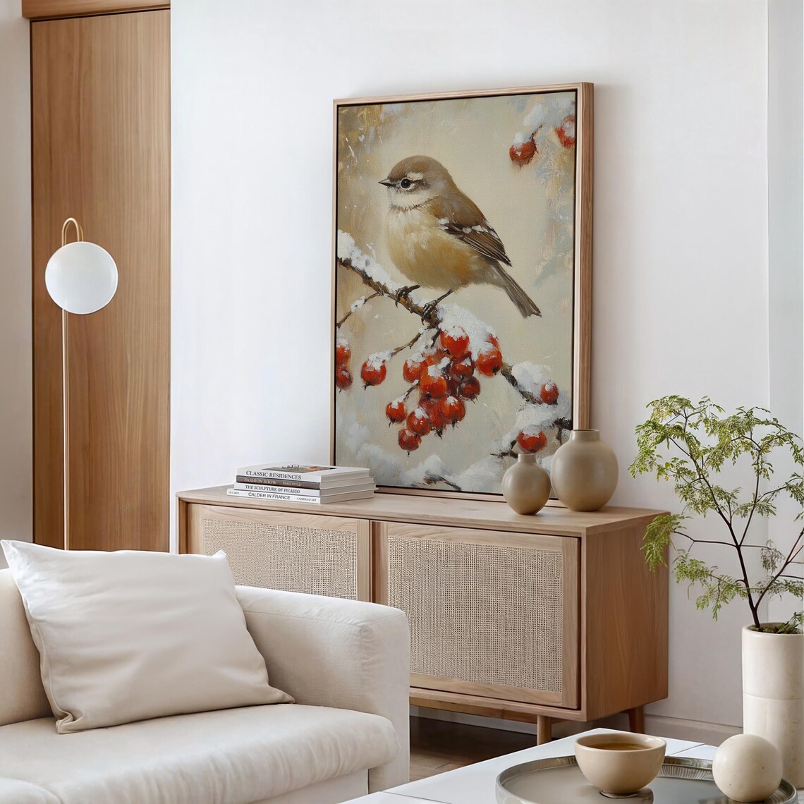 Winter Bird on a Snowy Branch with Red Berries Vintage Nature Poster - Image 6