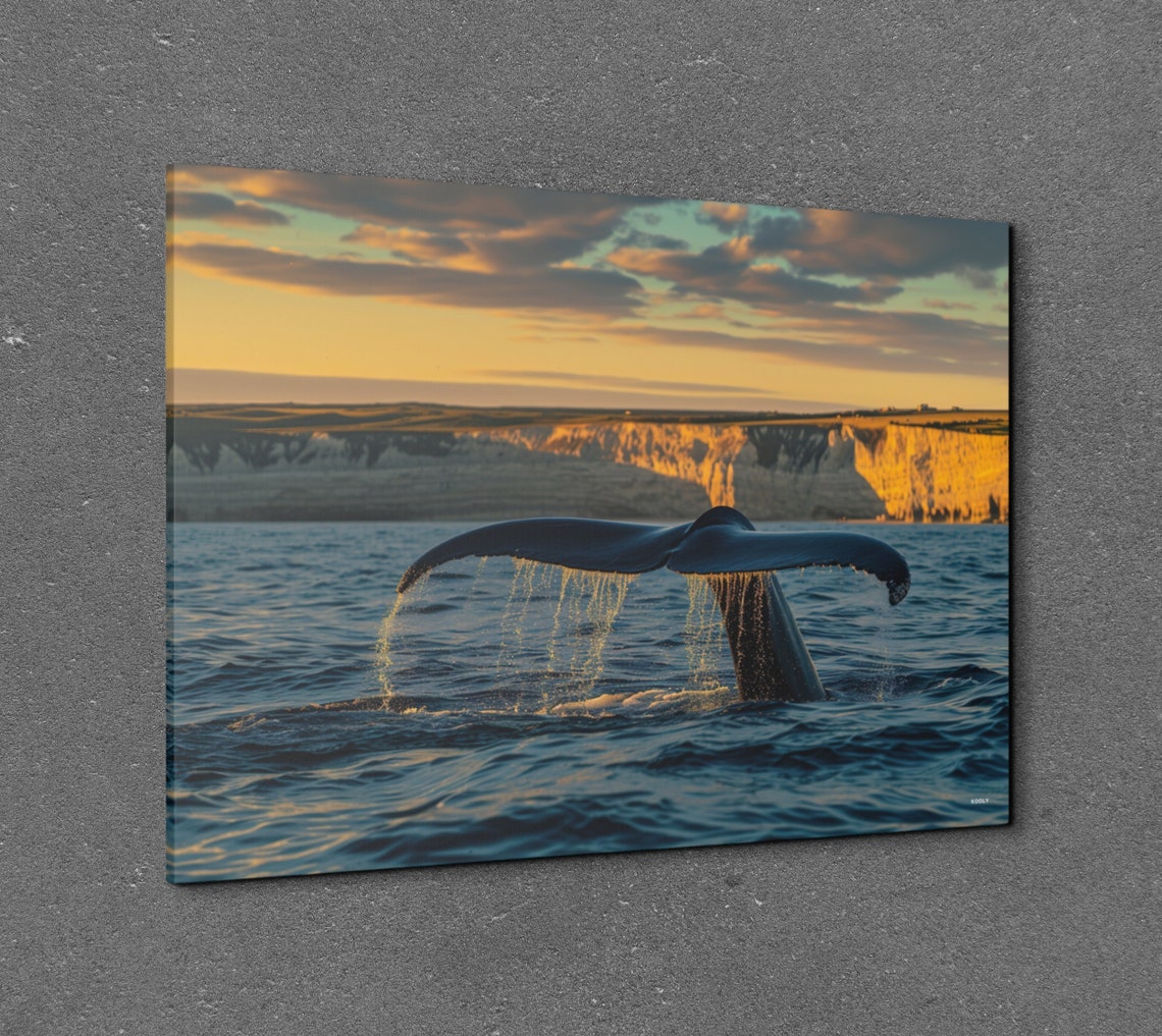 Whale Fluke Splashing at Golden Sunset Sea Cliffs Ocean Poster - Image 7