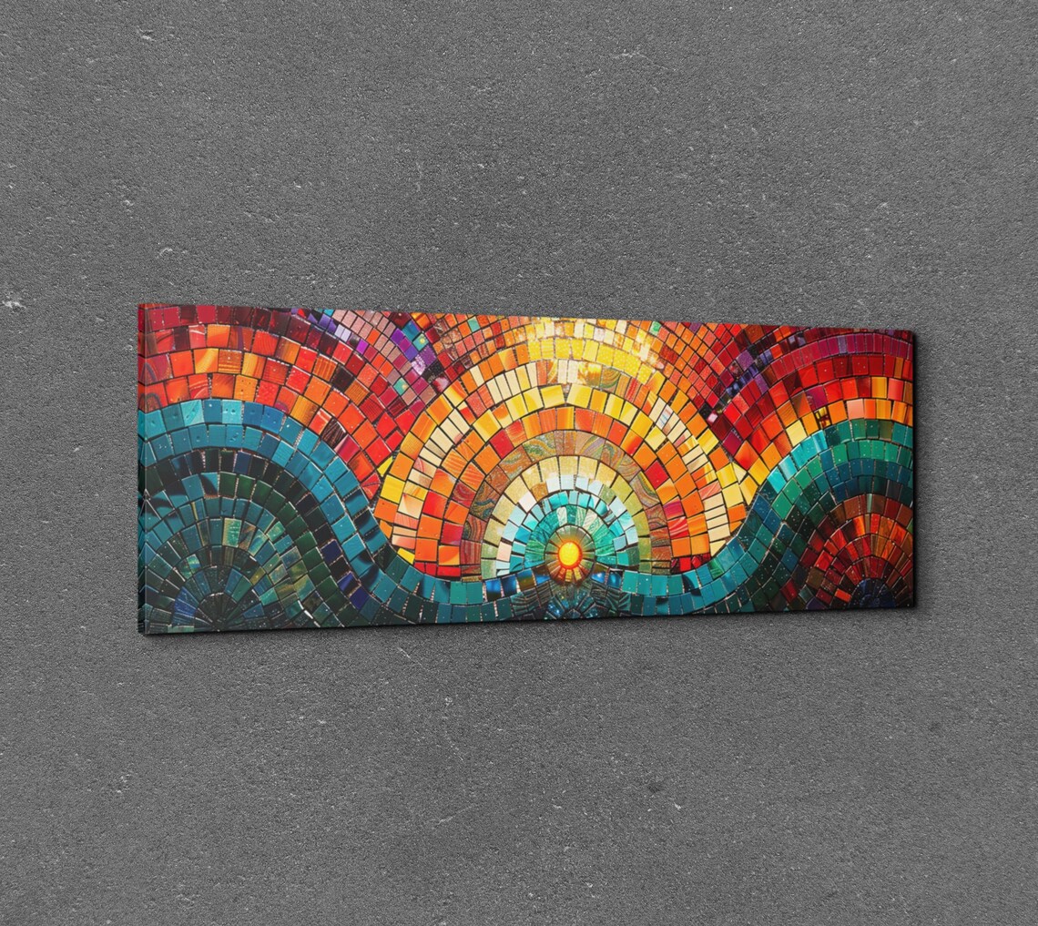Mosaic Sunrise Over Ocean Waves Panoramic Colorful Art Poster - Image 3